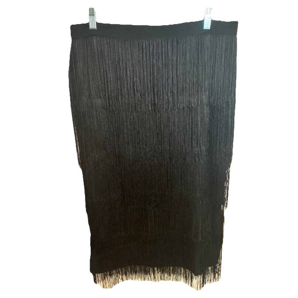 AOMEI Women's Black High Waist Fringe Tiered Bodycon Pencil Midi Skirt 2XL NWOT